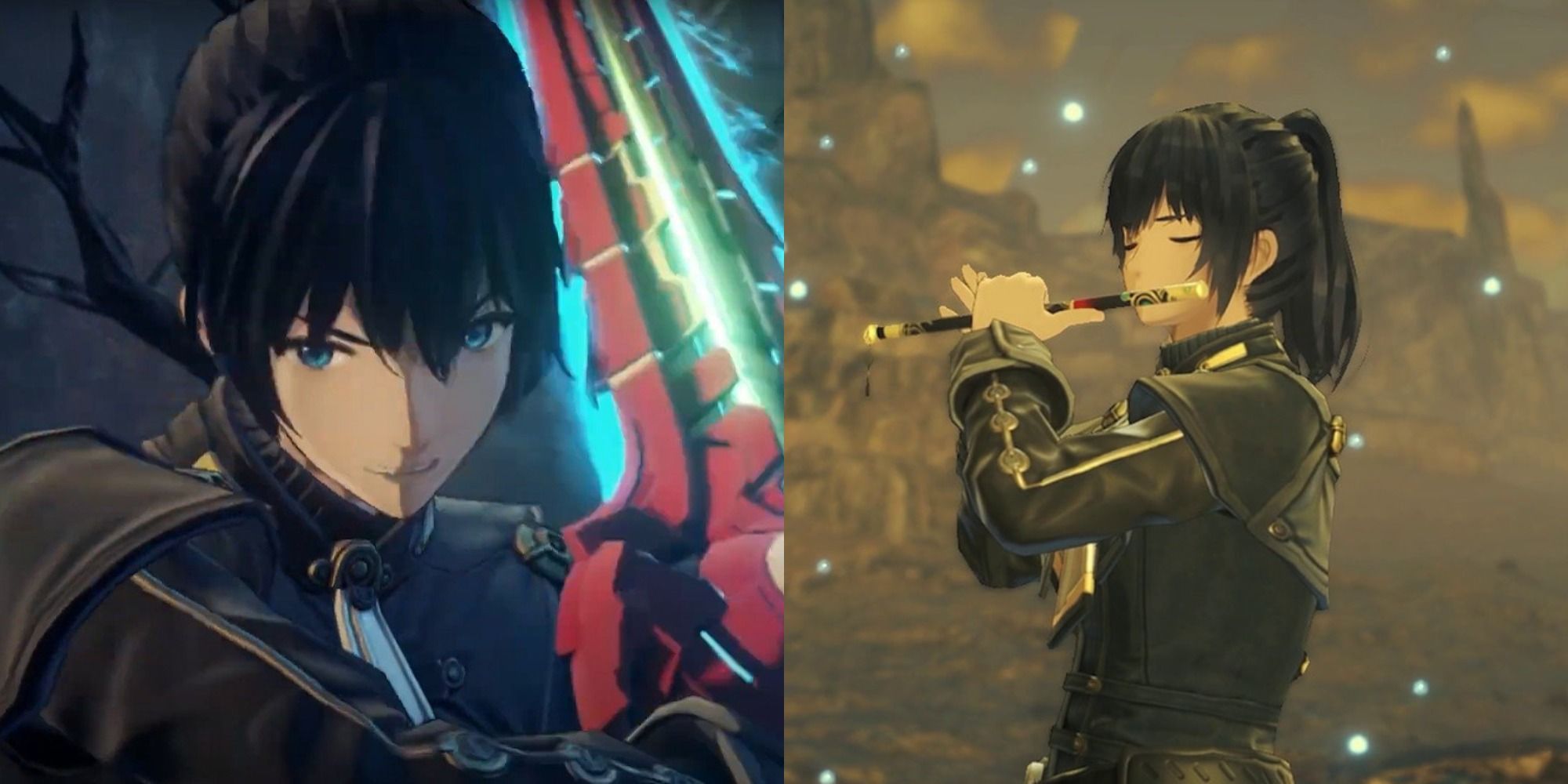 Split image showing a characters from Xenoblade Chronicles 3 with a weapon and a flute