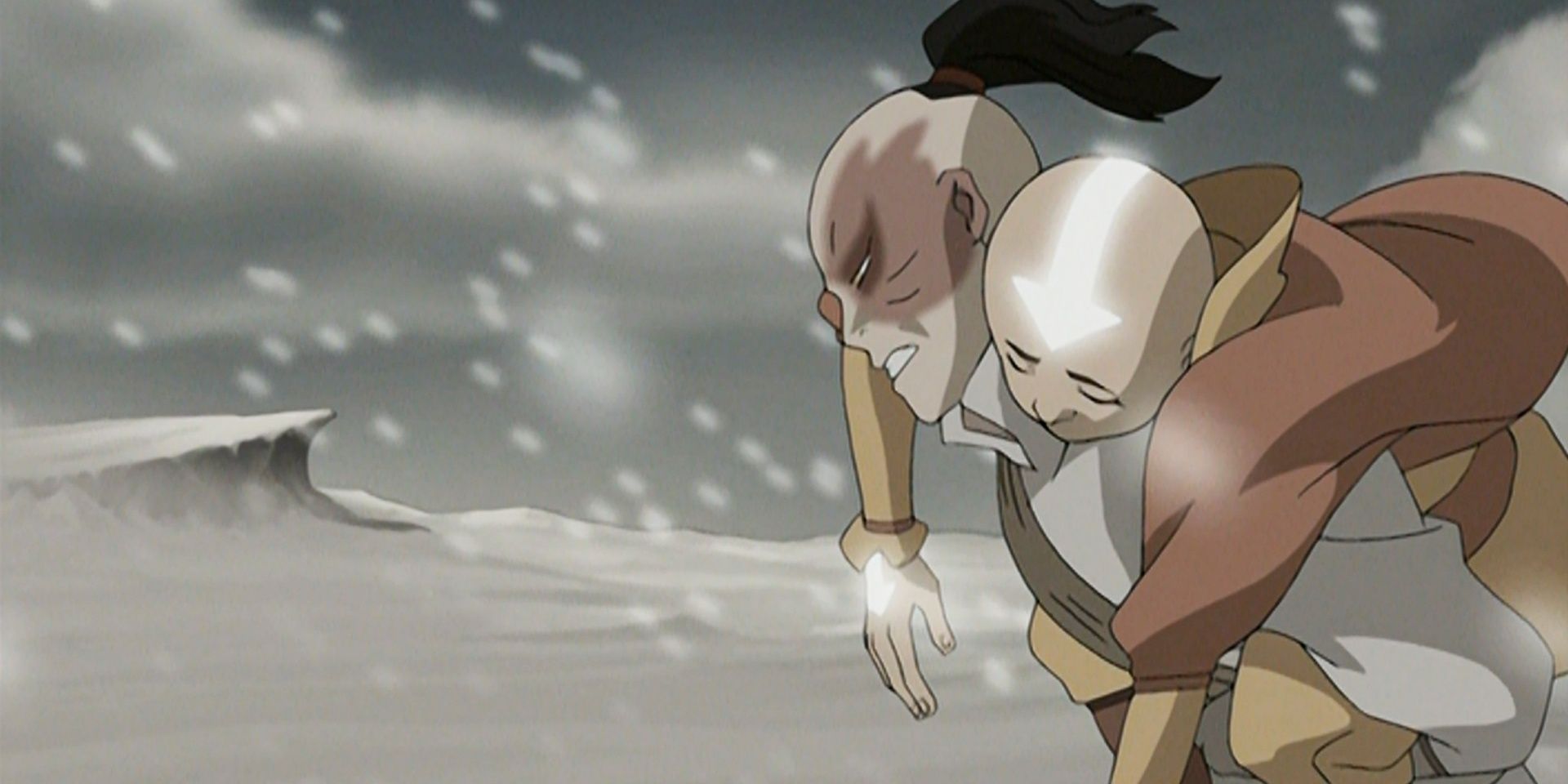 Zuko drags Aang's body in the snow in Avatar 