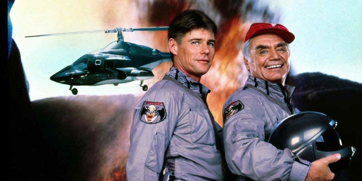 Jan Michael Vincent and Ernest Borgnine pose on the poster for Airwolf