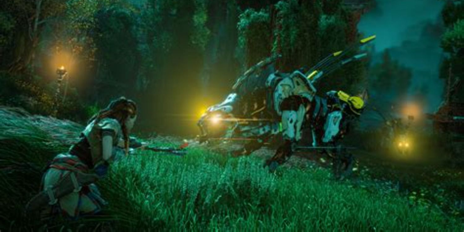 Aloy taking down an enemy with a green background