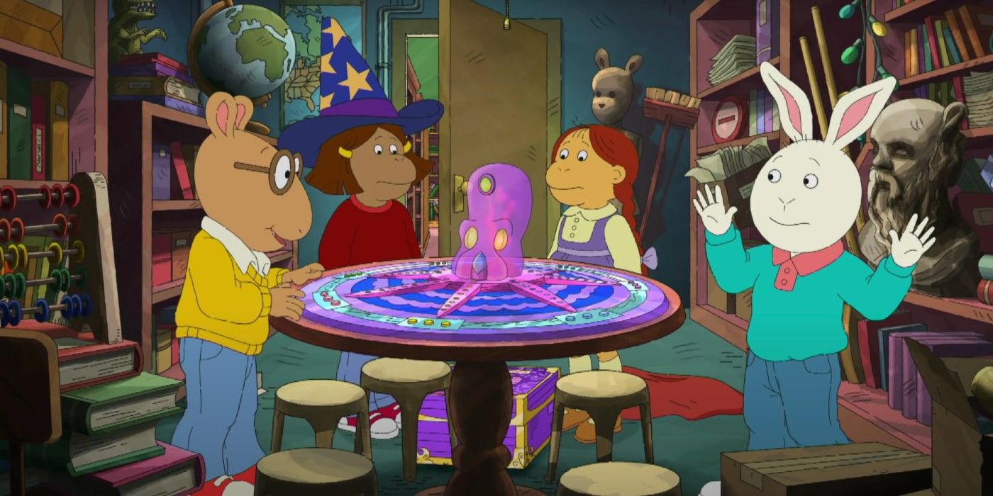Arthur, Francine, Muffy, and Buster around the Oskar the Oracle Octopus game in Arthur's finale.