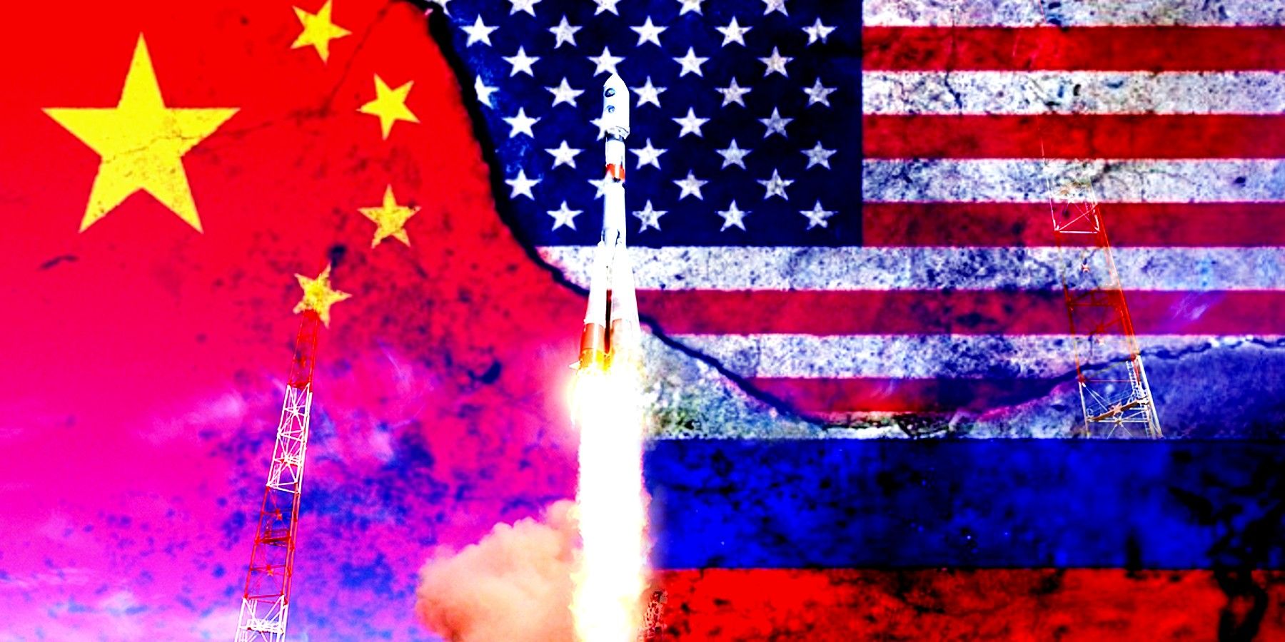 Russia China And US Flag Over Russian Launch
