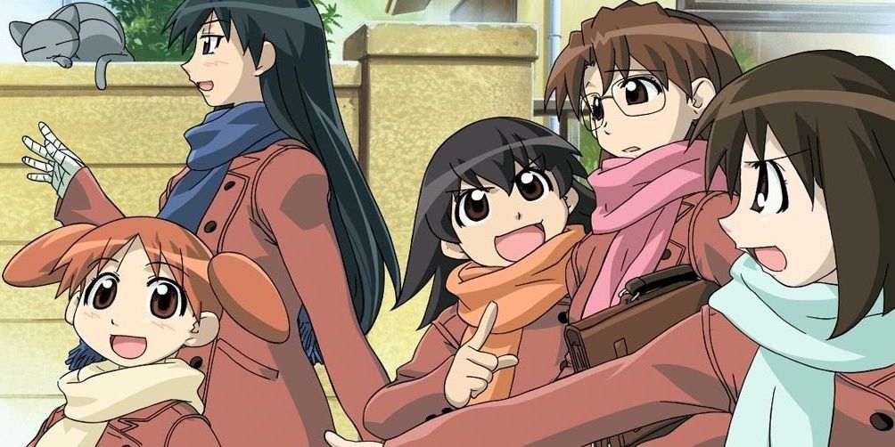 The main characters of Azumanga Daioh walking to school together.