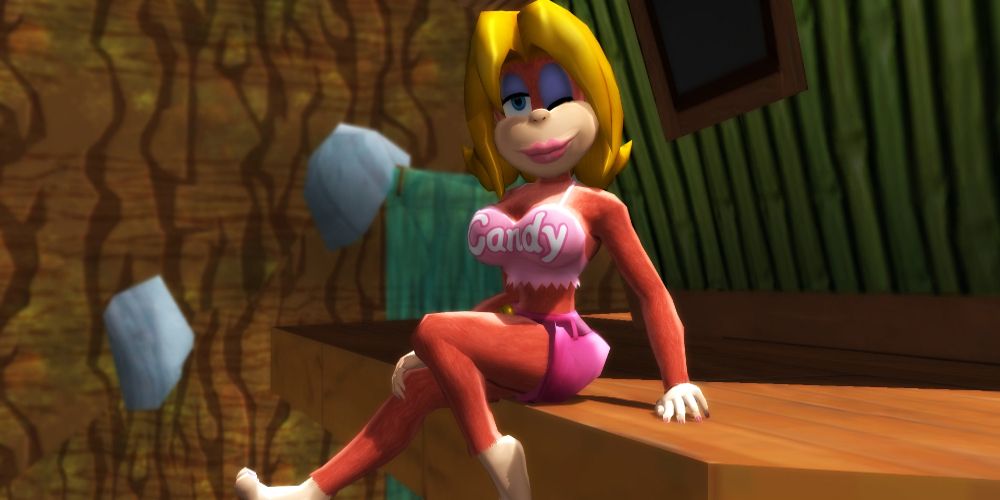 Candy sits on a bench and winks in Donkey Kong Country