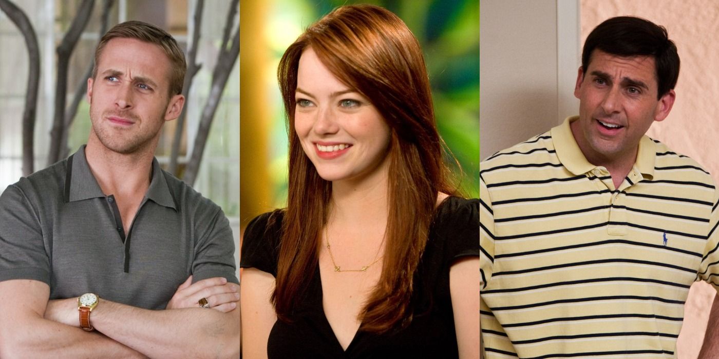 Collage of Emma Stone, Ryan Gosling, and Steve Carell in Crazy, Stupid, Love.