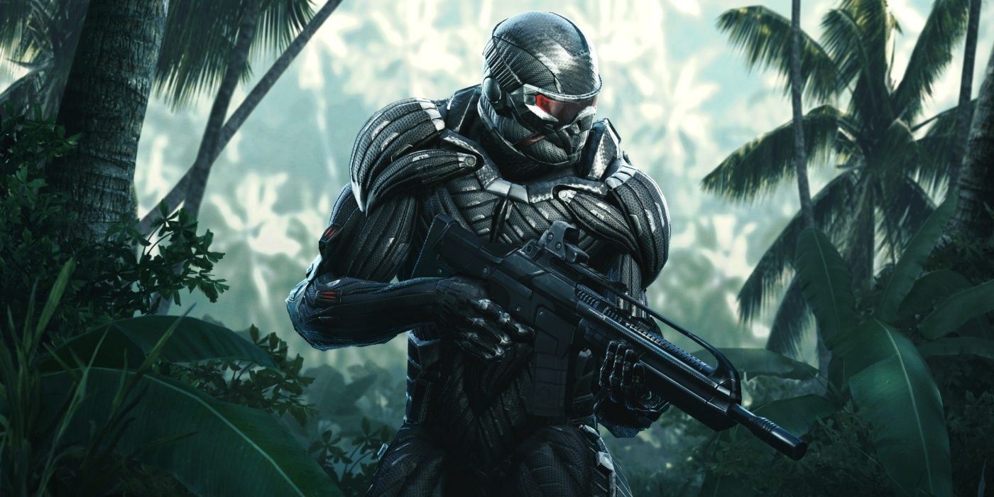 A soldier stalks through the forrest from Crysis 