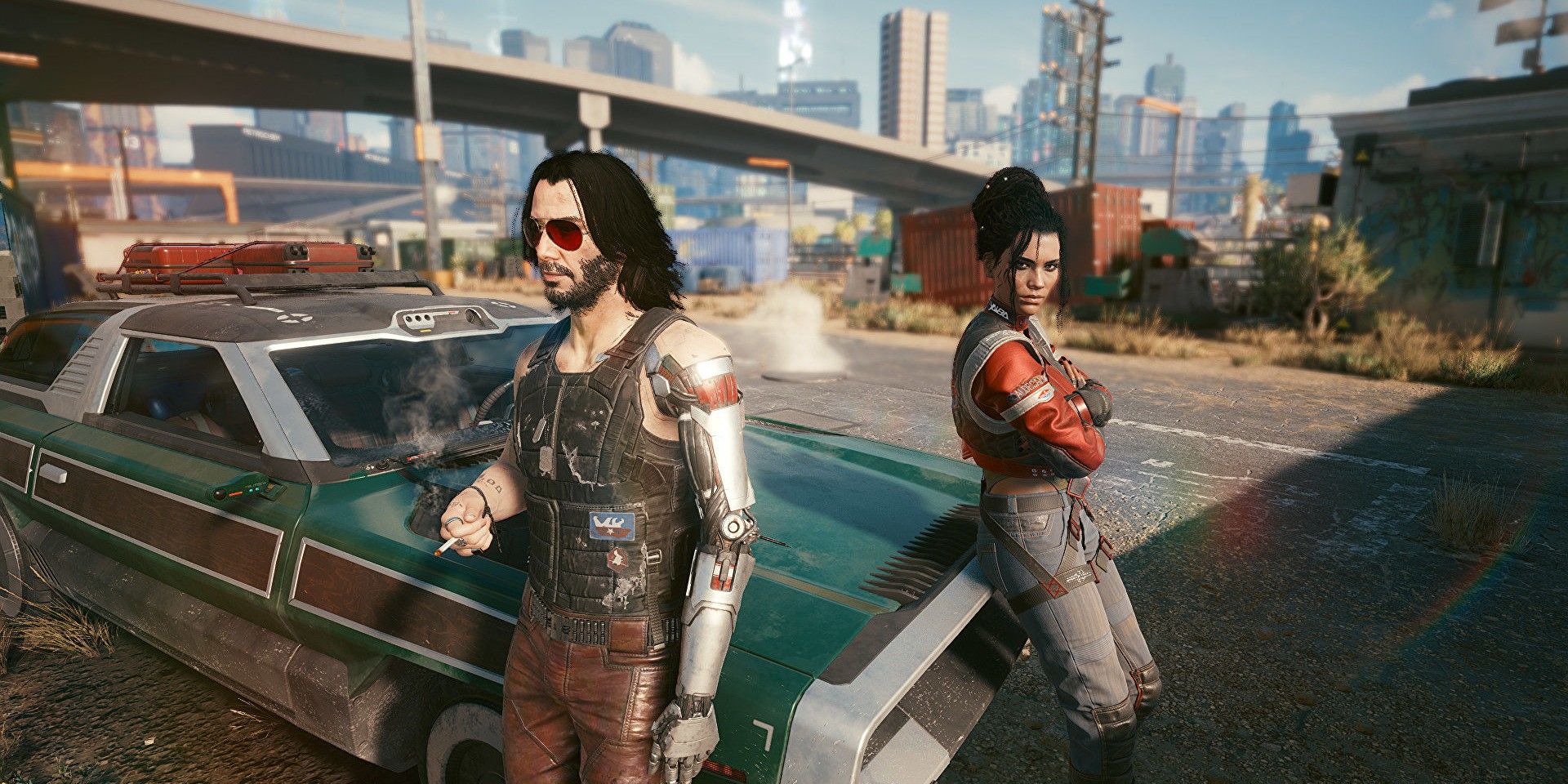 Jonny Silverhand and Panam stand by a car in Cyberpunk 2077