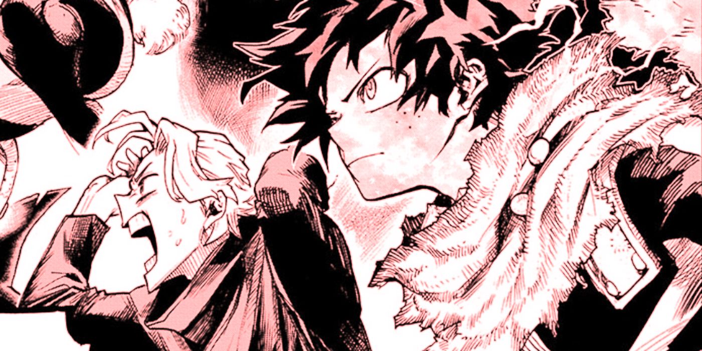 Image of My Hero Academia characters Aoyama looking scared and shocked with his mouth open while Deku has his scarf and looking determined.