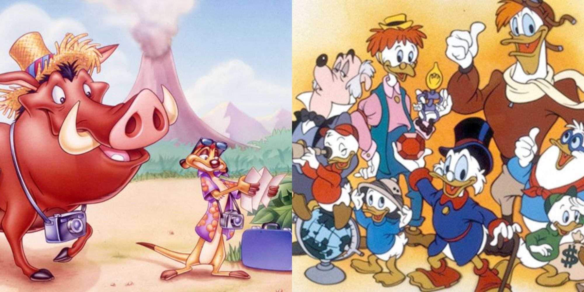Split image of Timon and Pumbaa and the characters of Ducktales