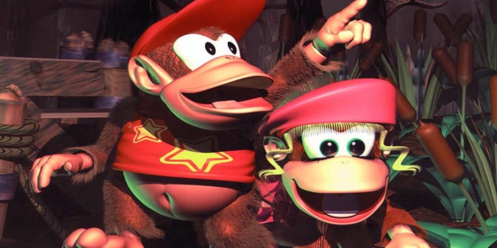 Diddy points upward in Donkey Kong Country 3