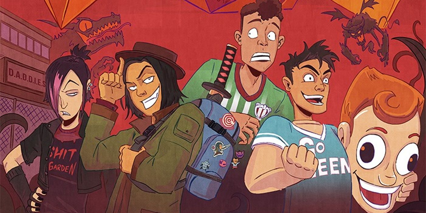 The cast of Dungeons and Daddies are arranged in a row.