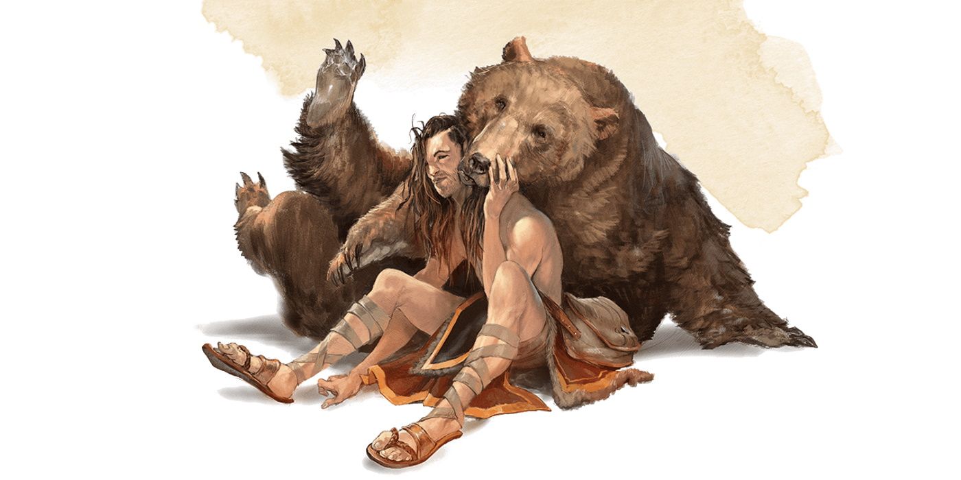 DnD artwork of a druid sitting on the ground getting nuzzled by a friendly bear.
