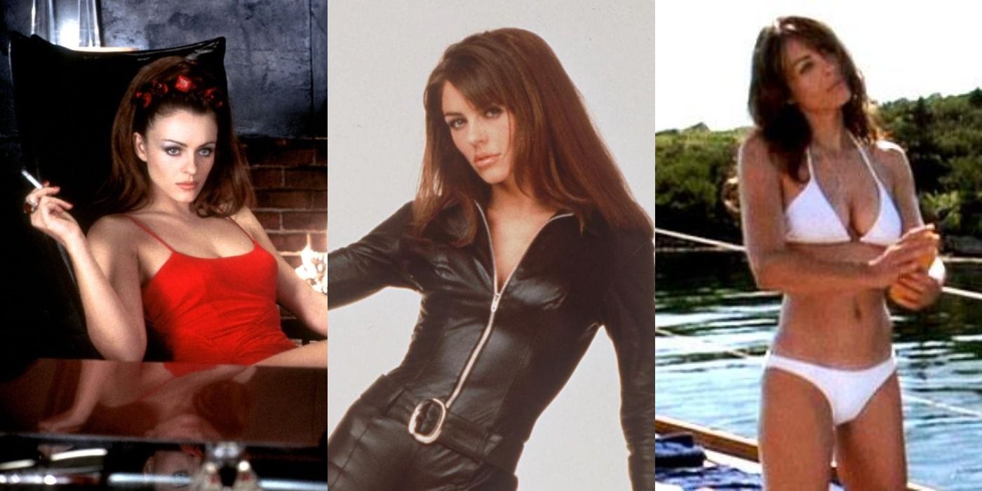 Split image of Elizabeth Hurley in Austin Powers, Bedazzled, and The Weight Of Water.