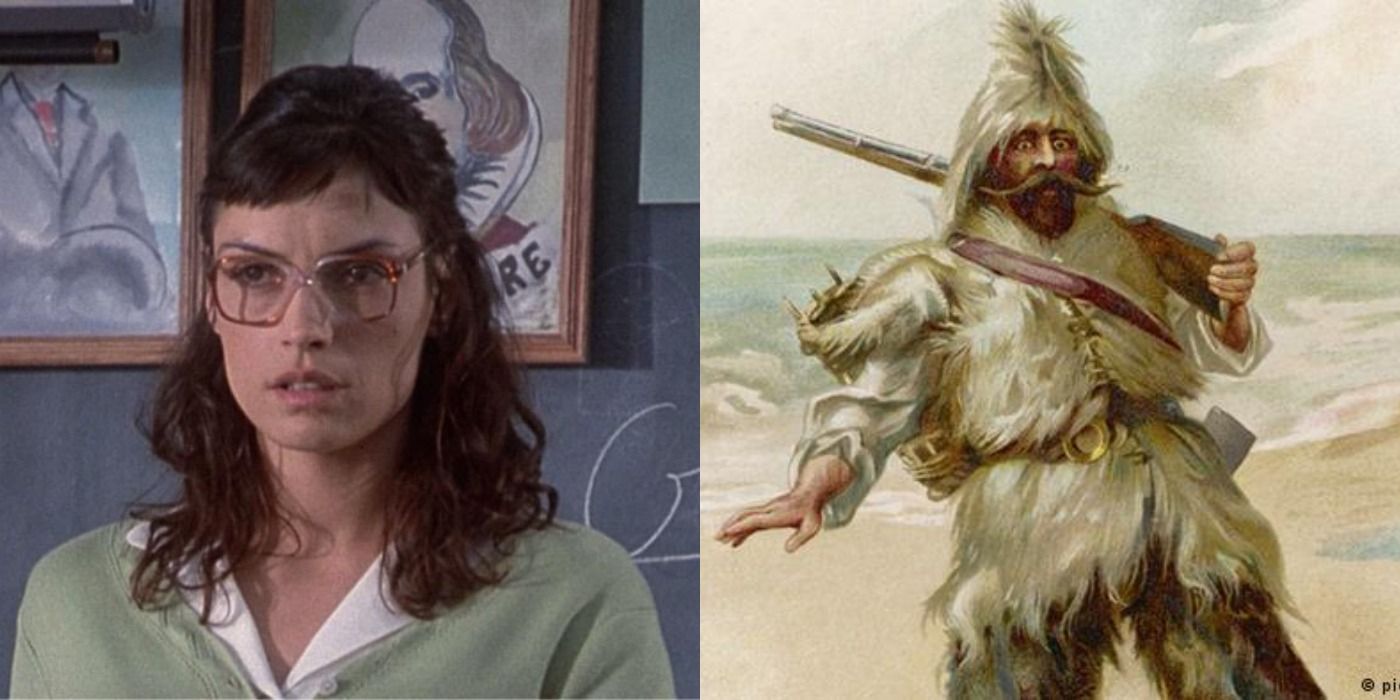 Split image of Ms. Burke and Robinson Crusoe in The Faculty.