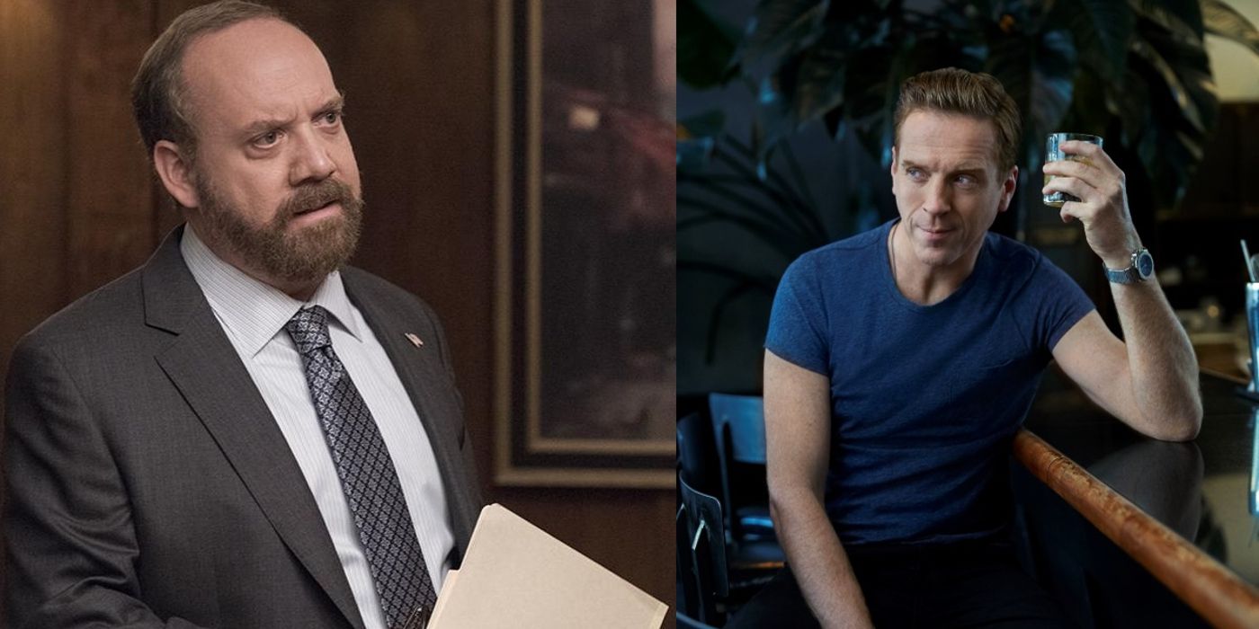 Chuck Jr. holds a folder and Bobby lifts a drink in a bar in Billions