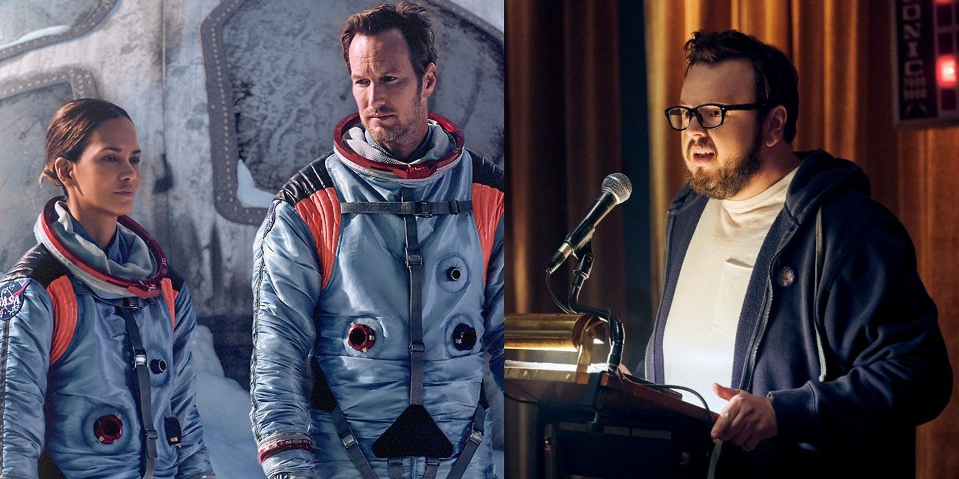 Split image of Jo and Brian wearing space suits and KC speaking at a lectern in Moonfall
