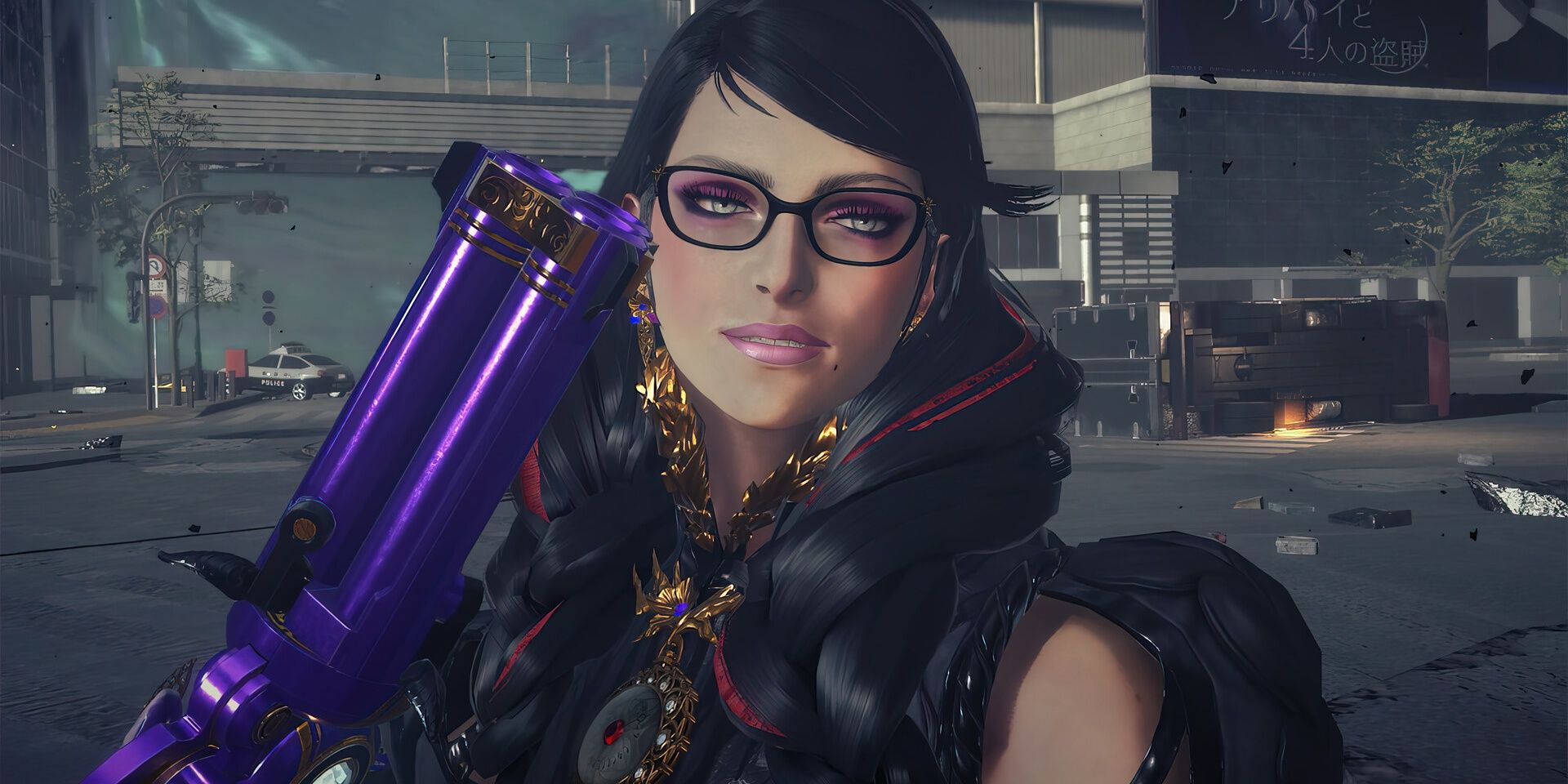 Image from Bayonetta 3 showing Cereza in her battle outfit holding a gun close to her face