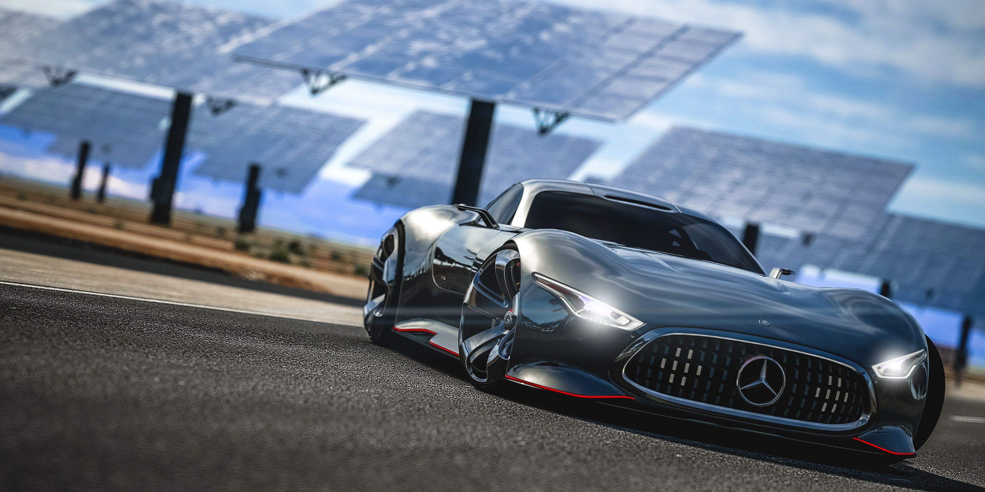 image from Gran Turismo 7 featuring a silver Mercedes car with solar panels in the background