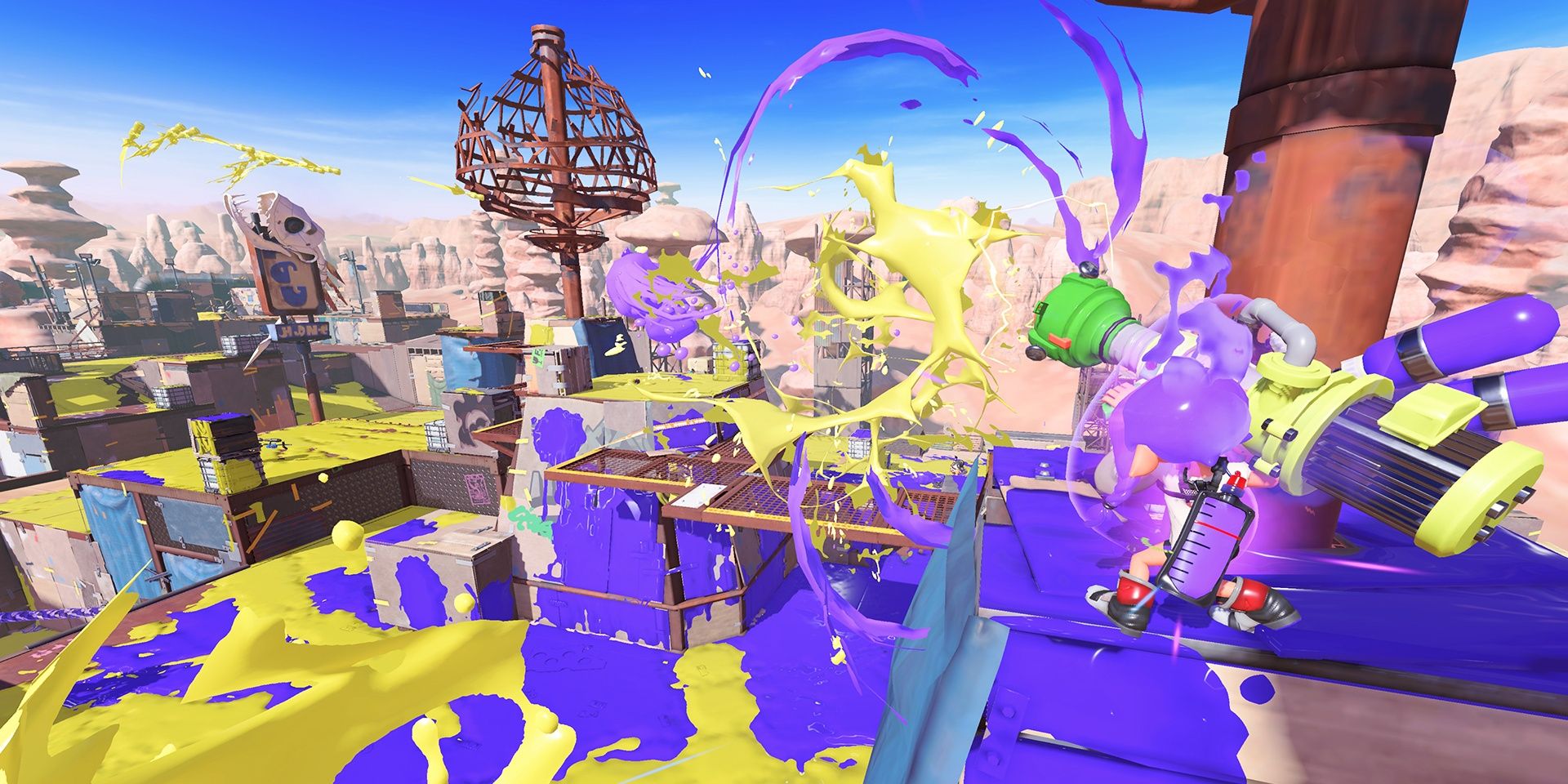 image from the game Splatoon 3 showing characters battling in an ink covered arena