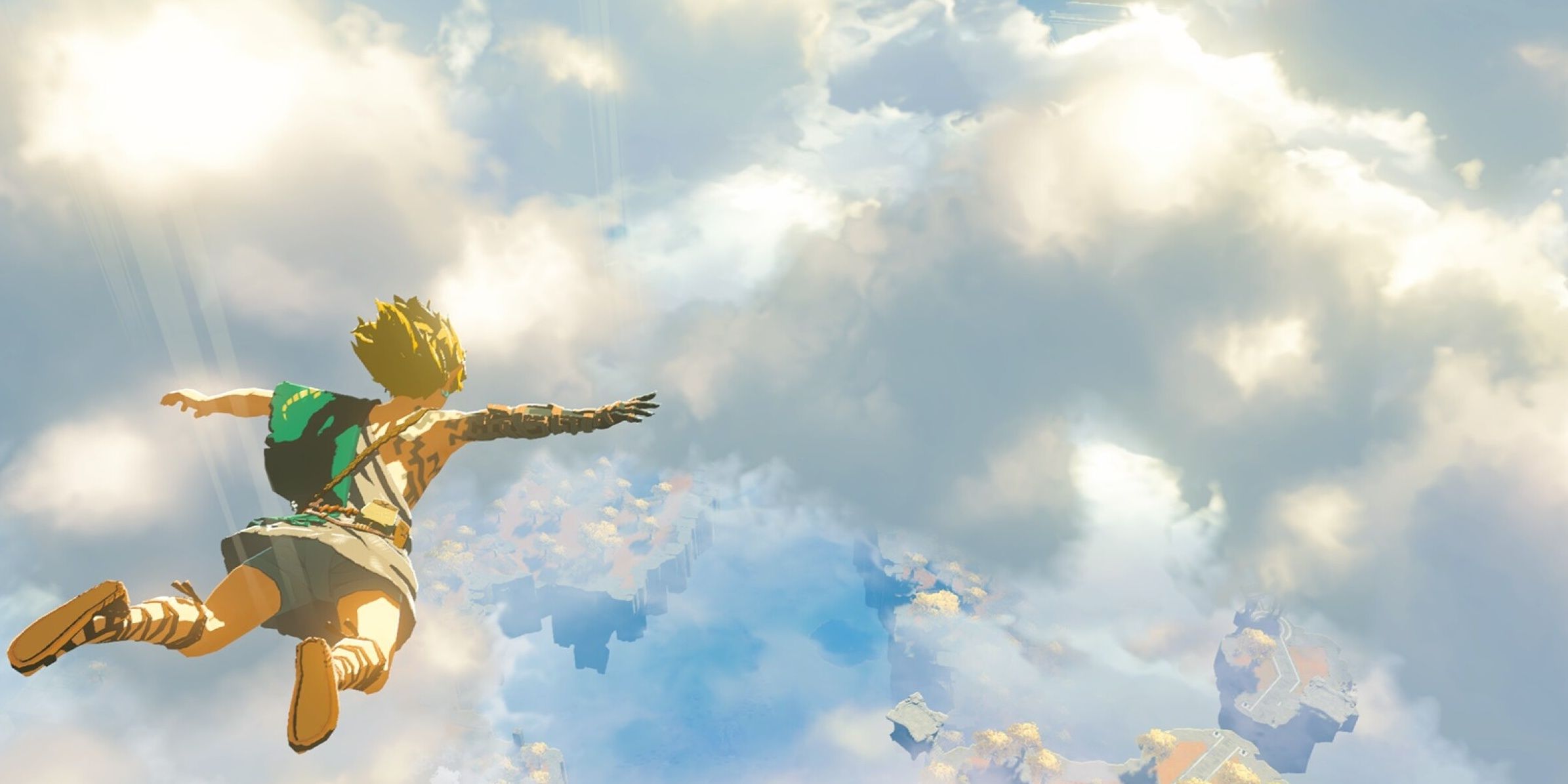 image from the game Zelda Breath of the Wild 2 showing Link flying in the skies above Hyrule