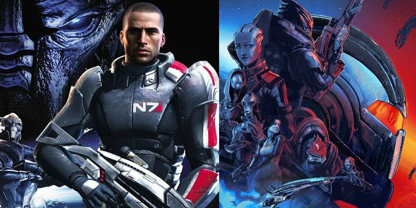 Shepard holds a gun and Shepard's squad hovers over a helmet in artwork for Mass Effect Legendary Edition