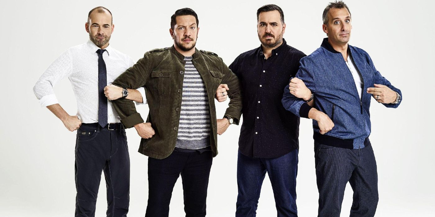 An image of Impractical Jokers' Murr, Sal, Joe, and Quinn standing together 