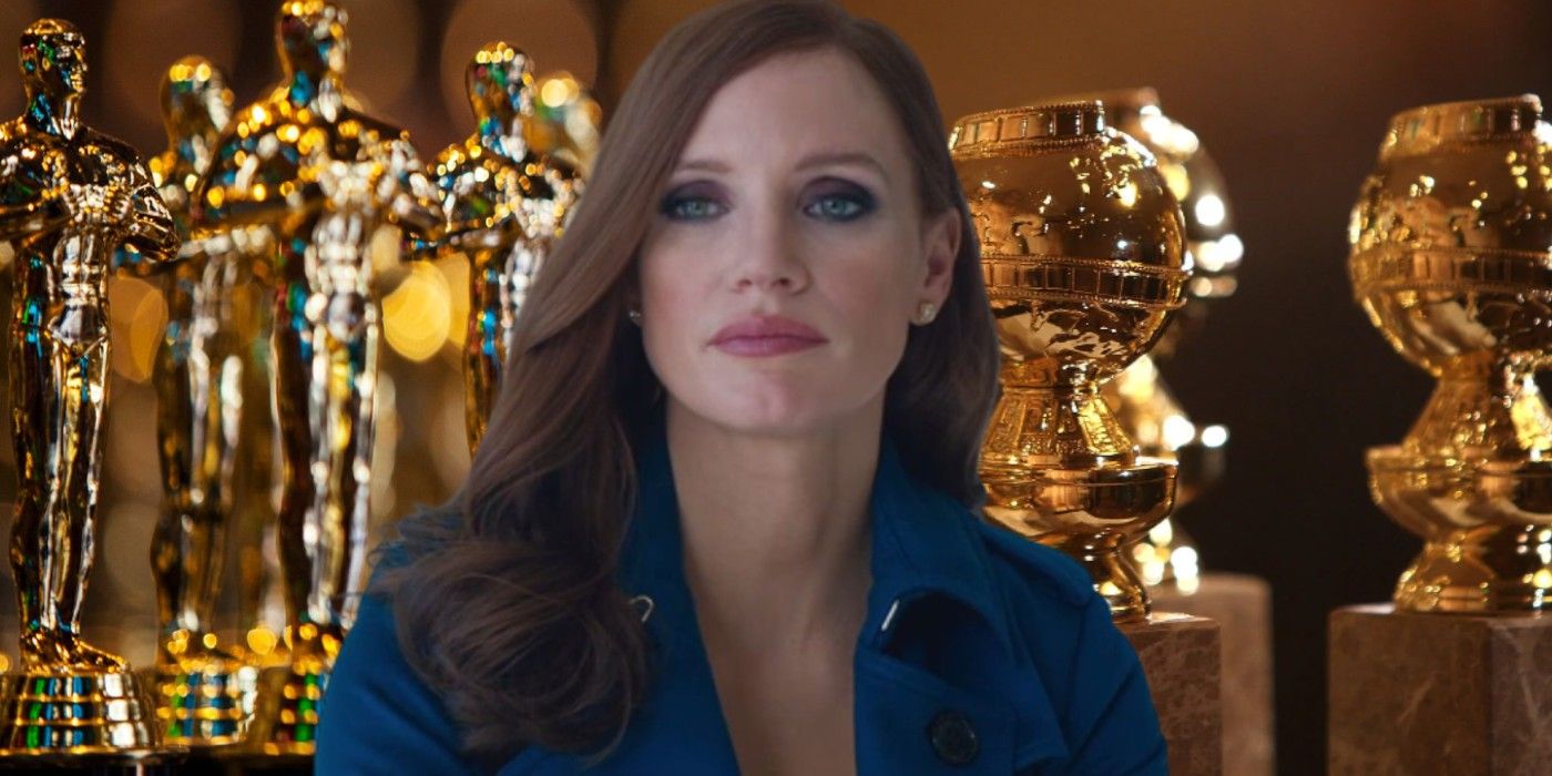 jessica chastain in front of oscars and golden globes