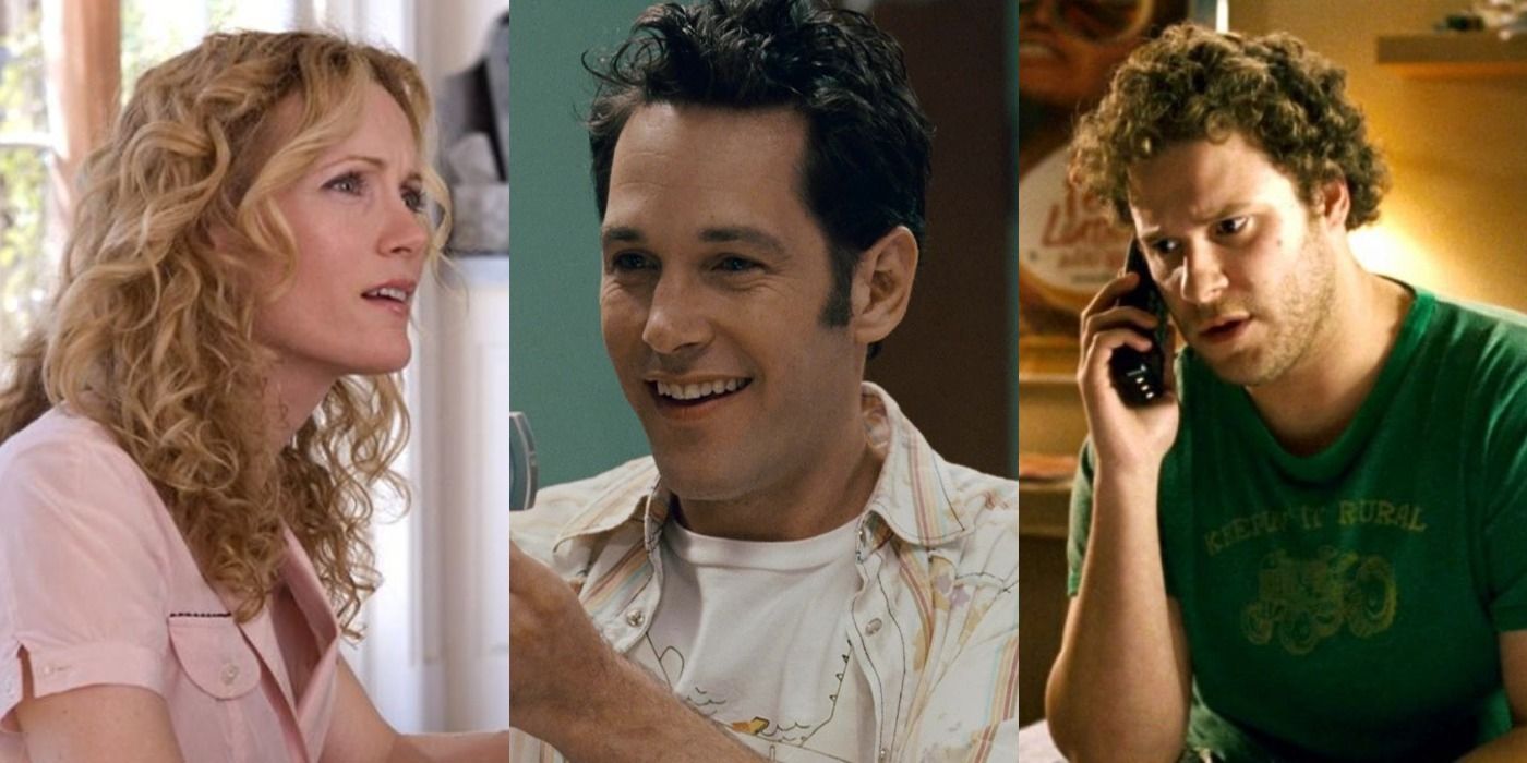 Collage of Paul Rudd, Seth Rogen, and Leslie Mann in Knocked Up.