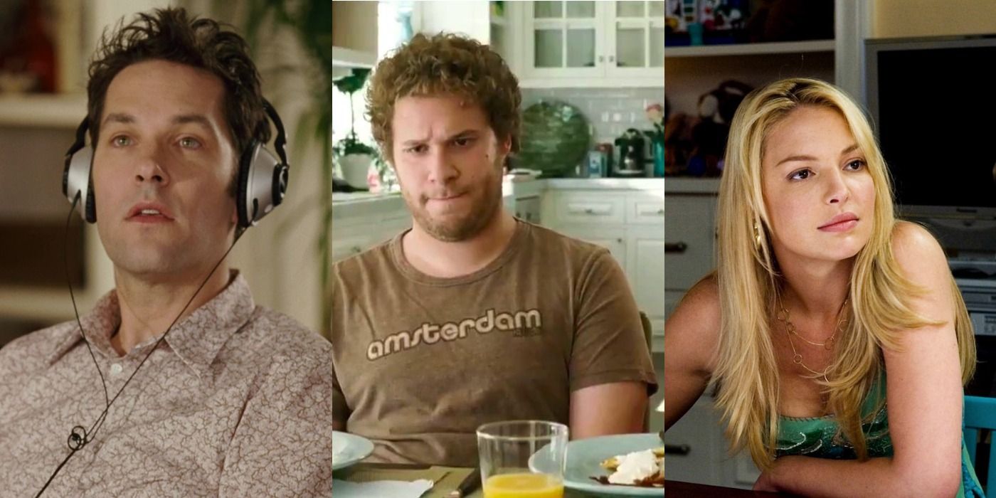 Collage of Paul Rudd, Katherine Heigl, and Seth Rogen in Knocked Up.