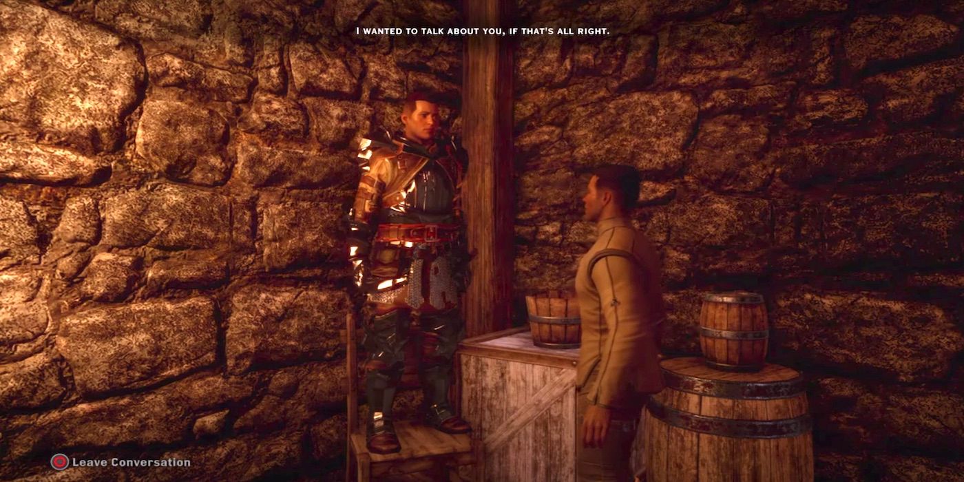 Krem standing on a tavern chair in Dragon Age: Inquisition