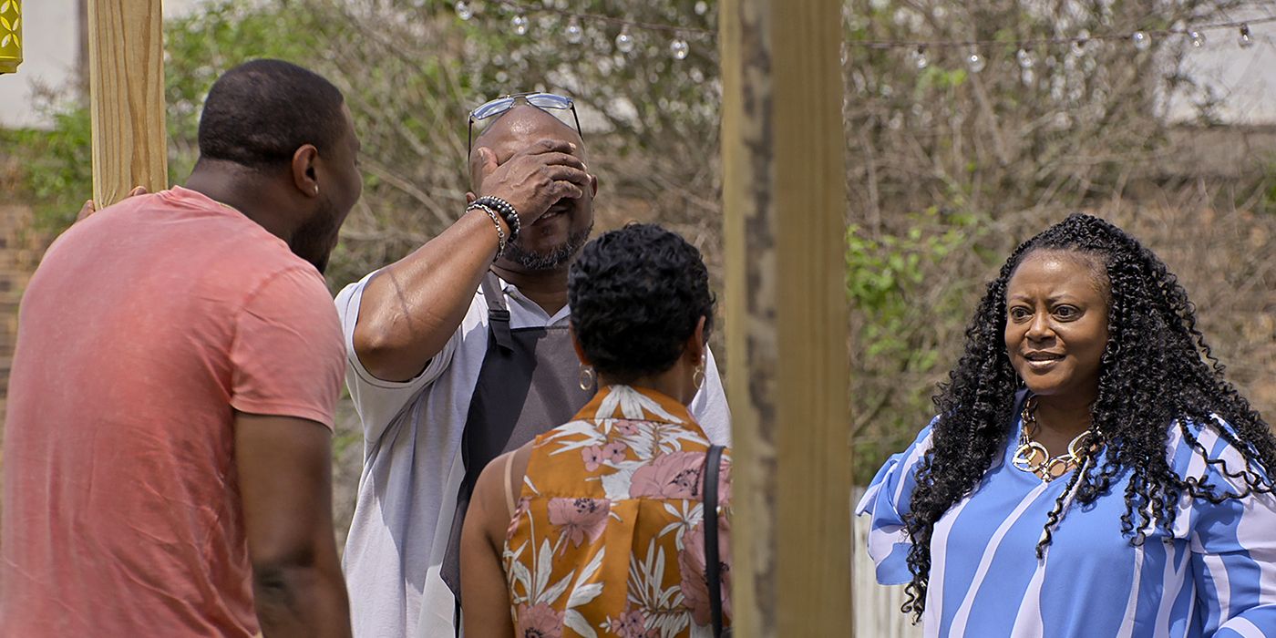 Jarrette's mom looking at Iyanna from Love is Blind, his dad with his hand on his forehead.