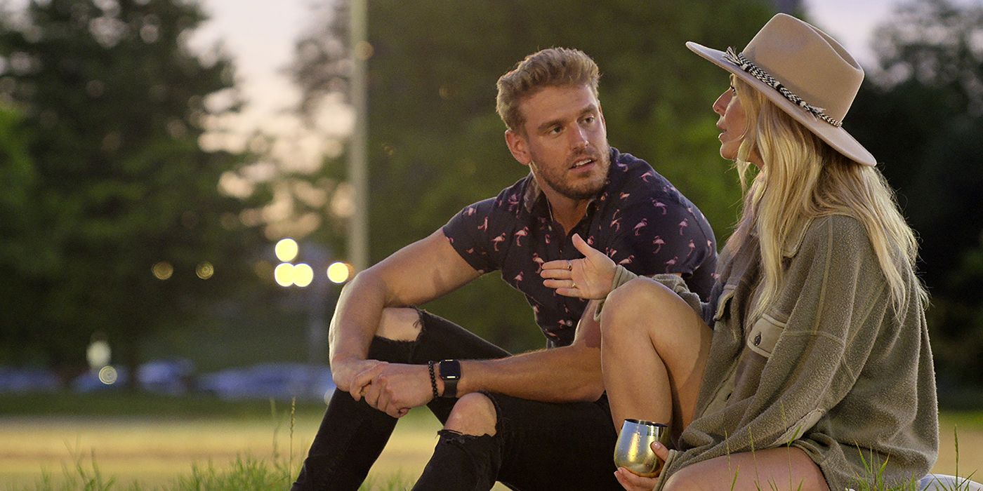 Shayne and Shaina sitting together outside on Love is Blind season 2.