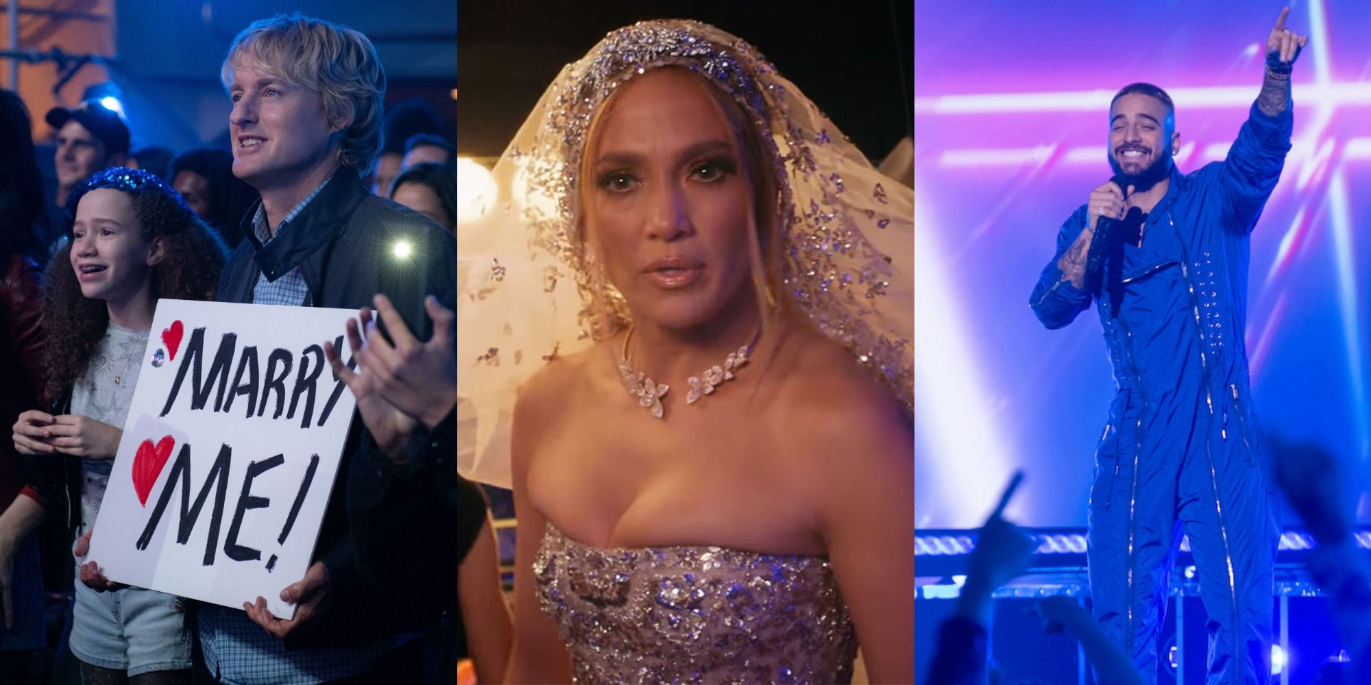 Three side by side images of Owen Wilson, Jennifer Lopez, and Maluma in Marry Me (2022)