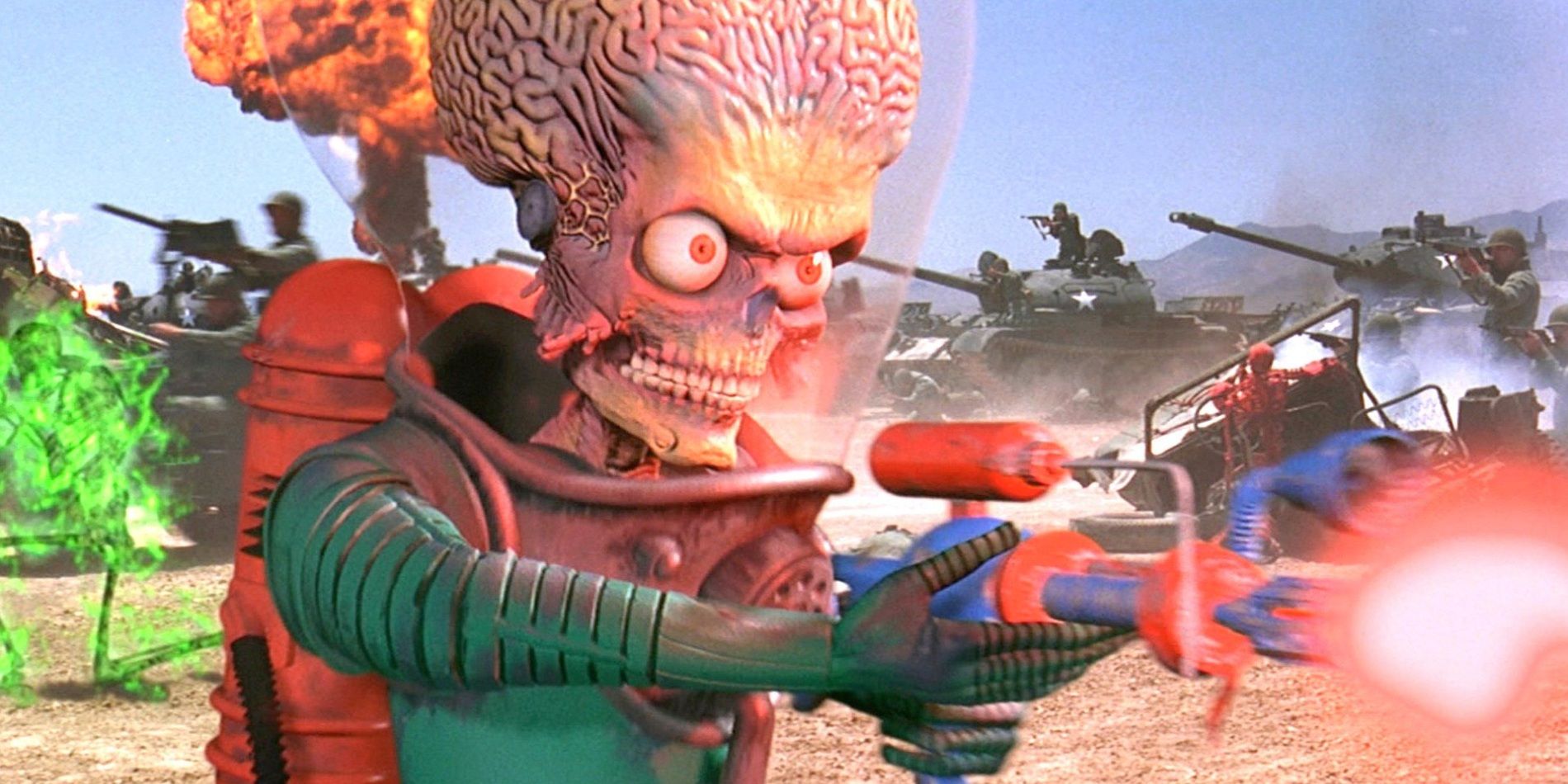 An alien shoots a laser gun in Mars Attacks!