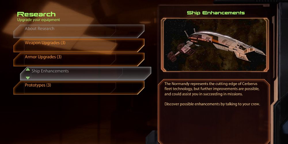 The Normdany's upgrade readouts in Mass Effect Legendary Edition