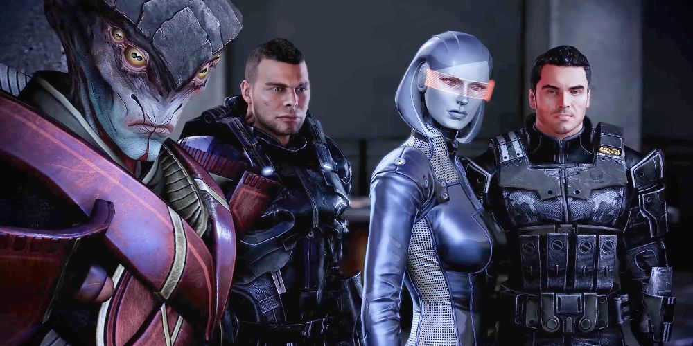 Shepard and his squad stand in solidarity in Mass Effect Legendary Edition