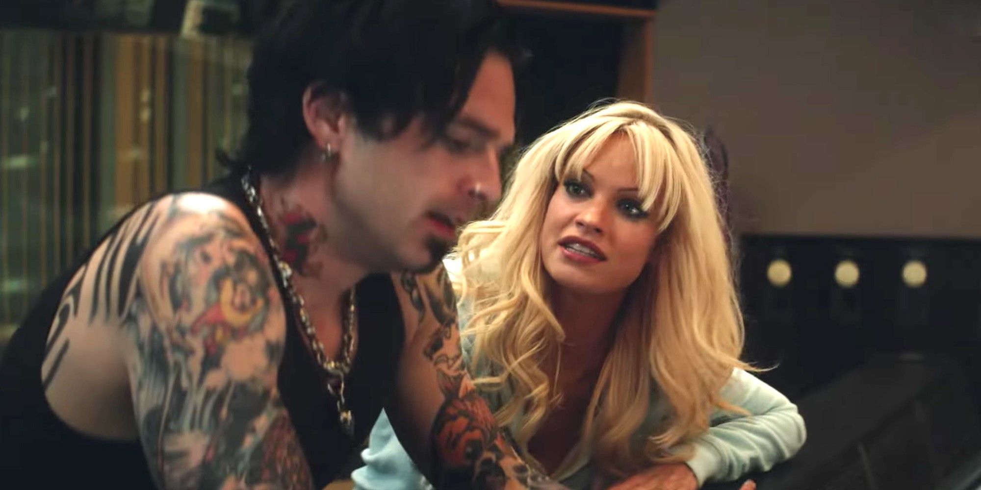 Pamela Anderson looking at Tommy Lee in Pam &amp; Tommy