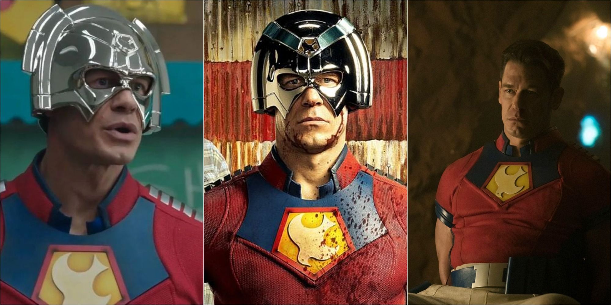 Three side by side images of John Cena as Peacemaker