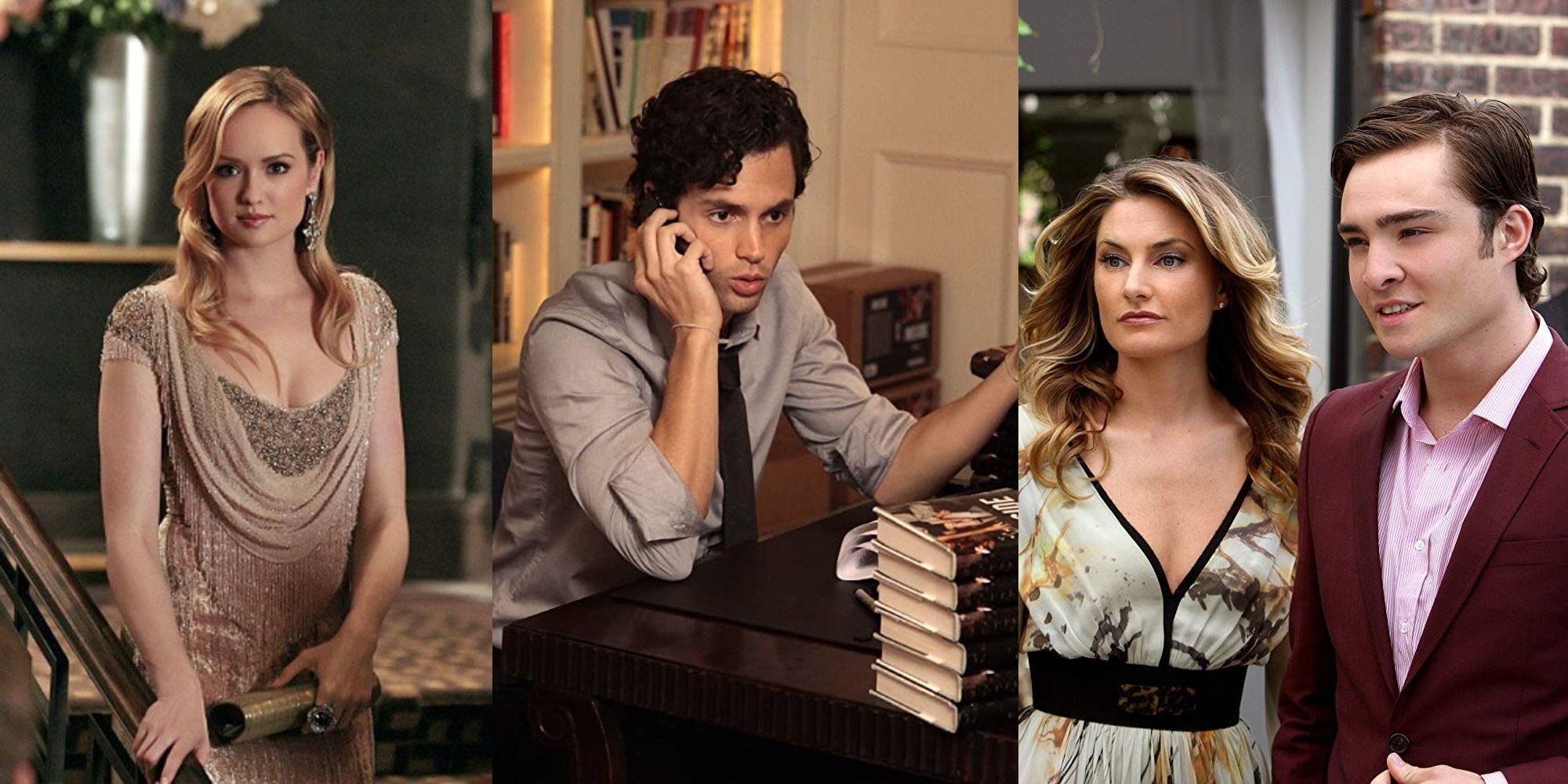 Split image of Ivy, Dan on the phone, and Catherine and Chuck in Gossip Girl.