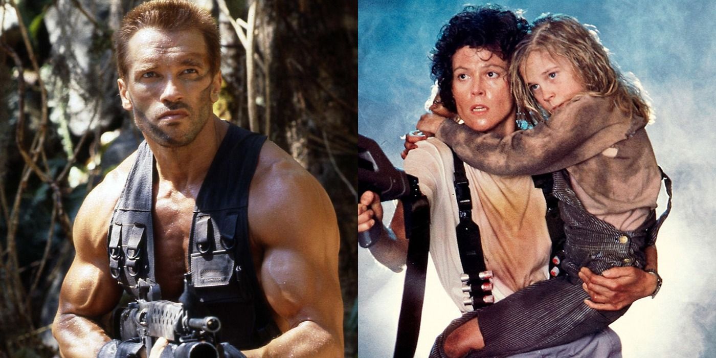 Split image of Dutch in Predator and Ripley holding Newt in Aliens