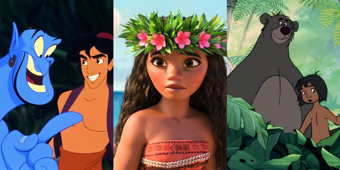Split image of Genie, Aladdin, Moana, Baloo and Mowgli
