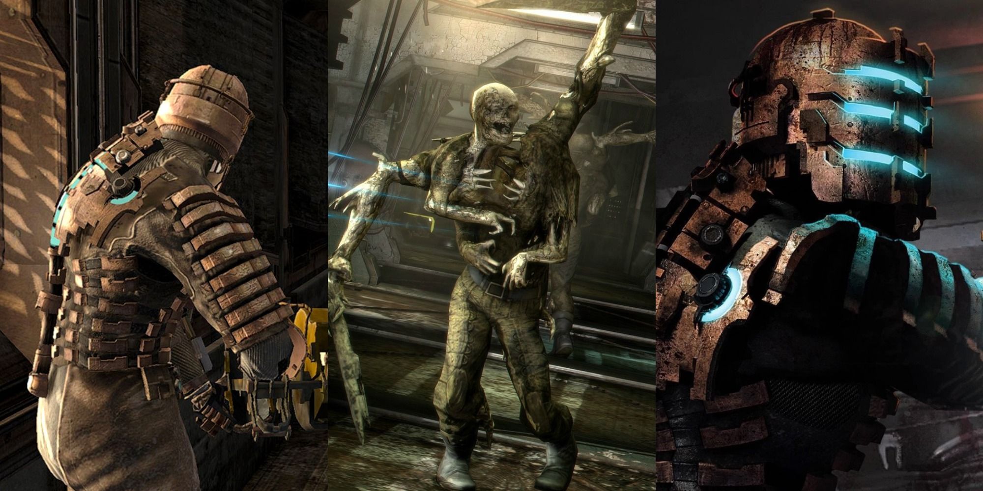 Split image of three scenes from the Dead Space franchise