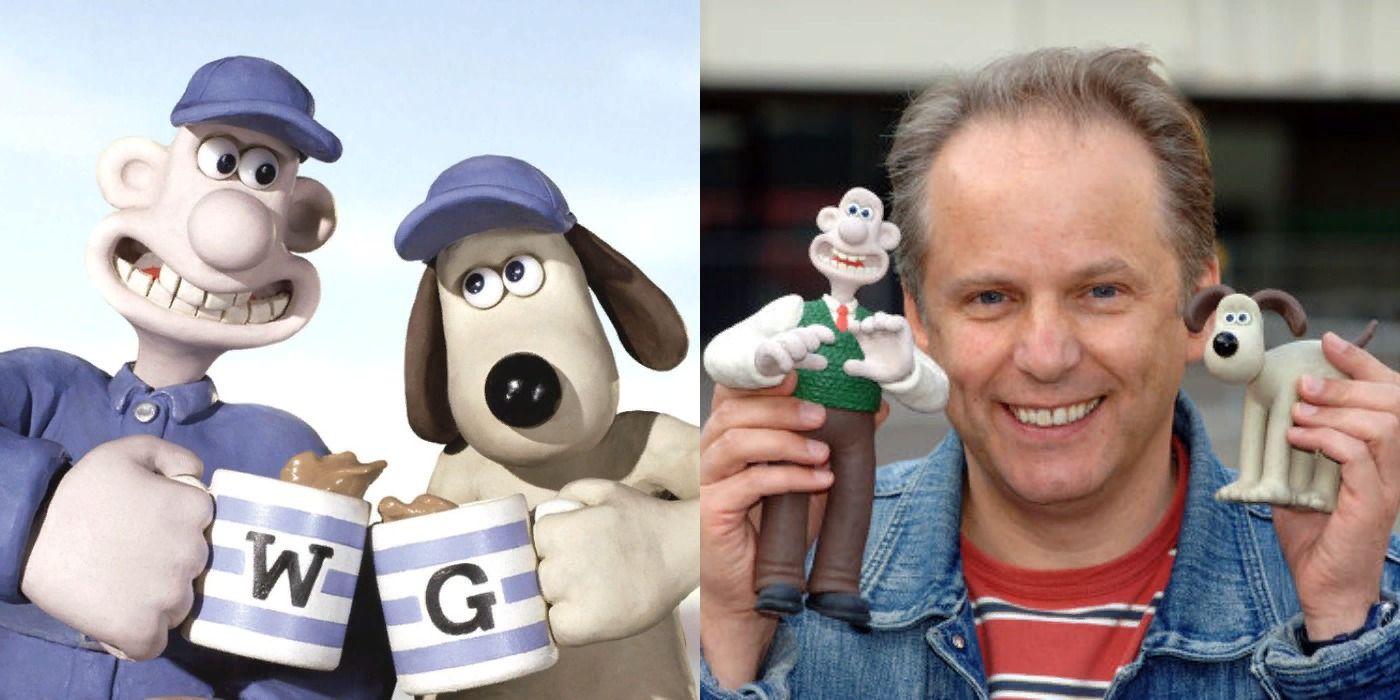 Wallace and Gromit share a cup of tea, and Nick Park shows off his Wallace and Gromit plasticine figures.