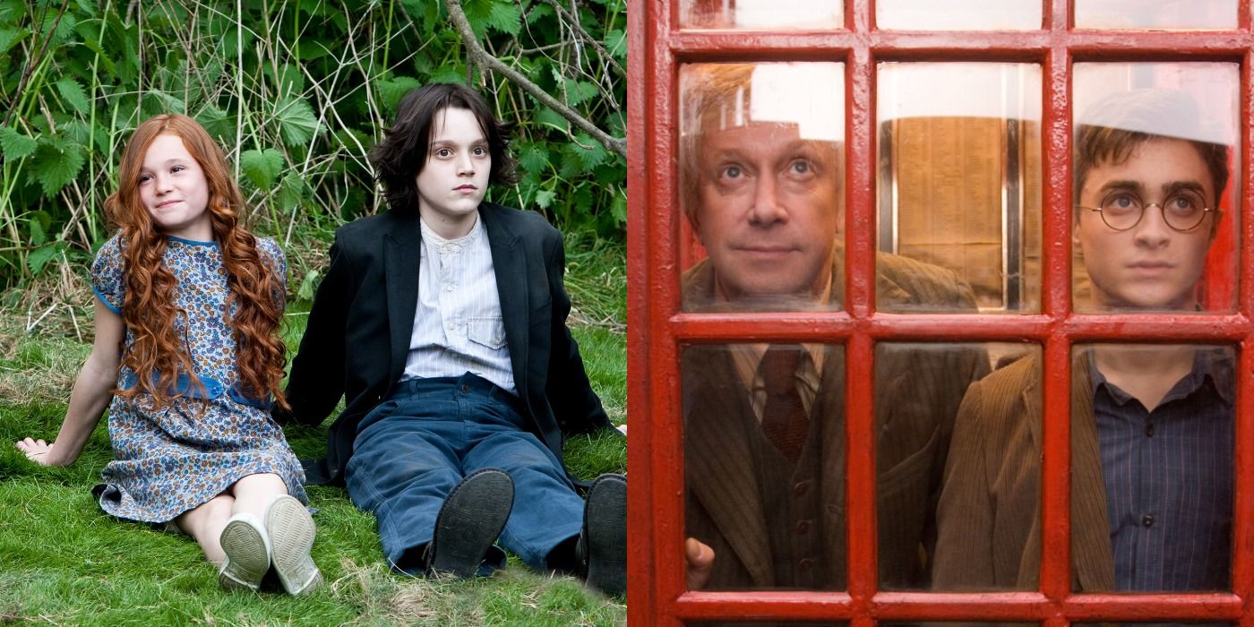 Split image of Lily with Snape and Arthur Weasley with Harry Potter
