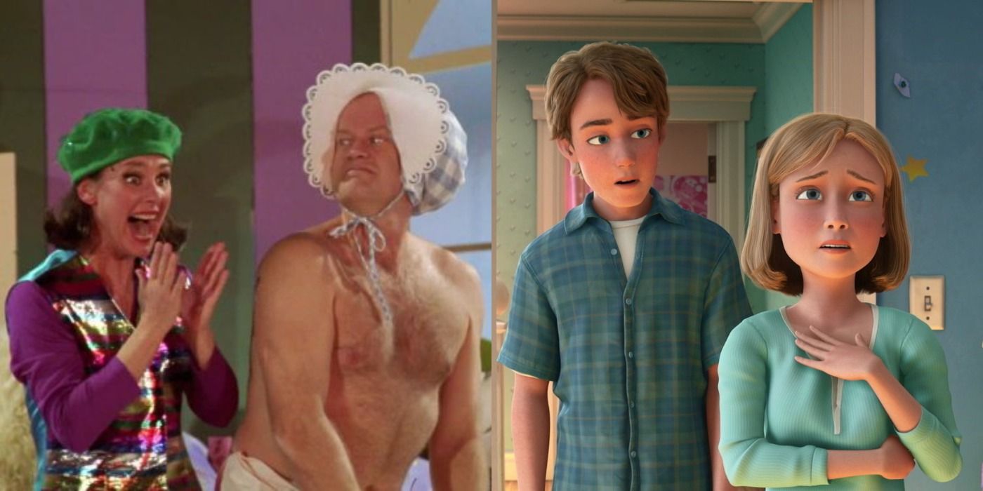 Split image of Nanny G, Frasier, Andy and Andy's mom from Toy Story 3 - Frasier and Disney