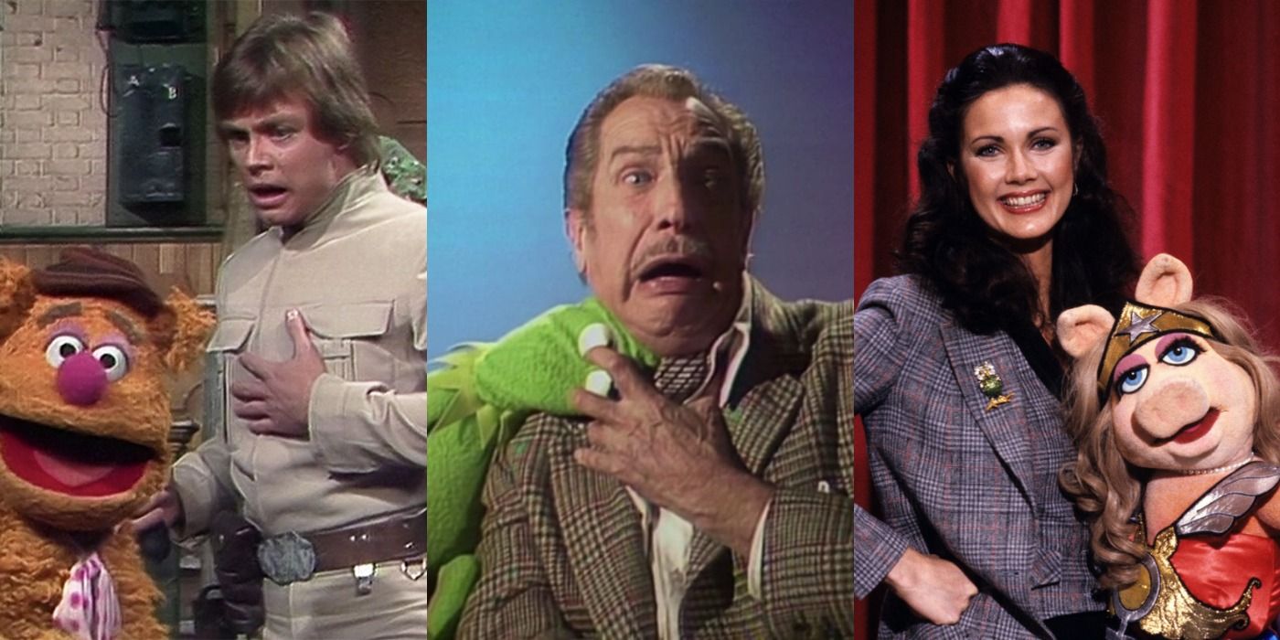 Split image of Fozzie Bear, Mark Hamill, Kermit the Frog, Vincent Price, Lynda Carter and Miss Piggy