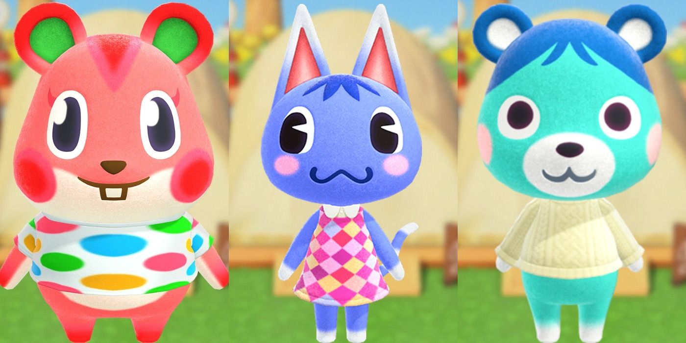 Split image of Apple, Rosie, and Bluebear from Animal Crossing New Horizons
