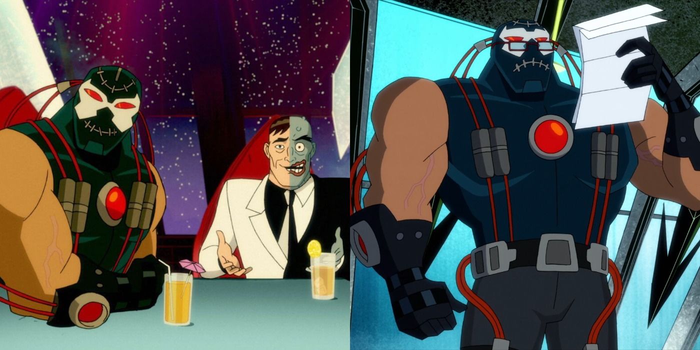 Split image of Bane and Two-Face from the Harley Quinn animated series
