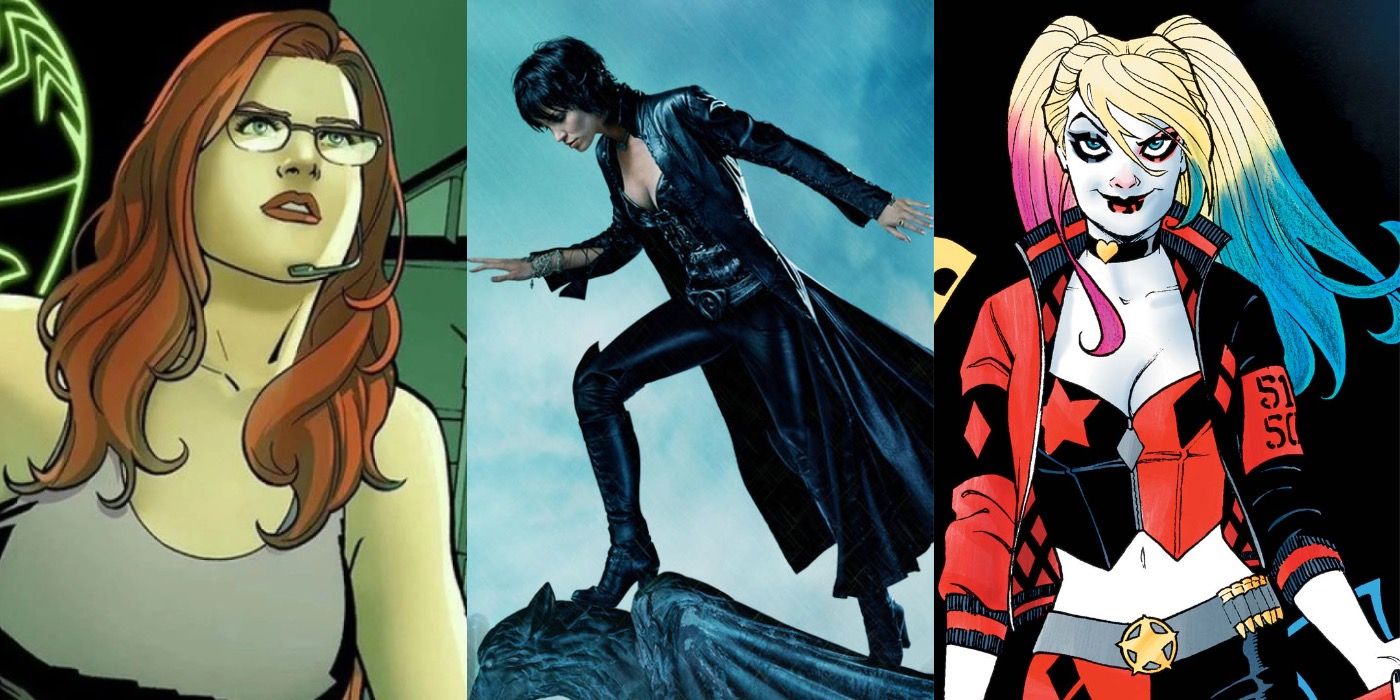 A split image of the Oracle, Katana, and Harley Quinn in the comics