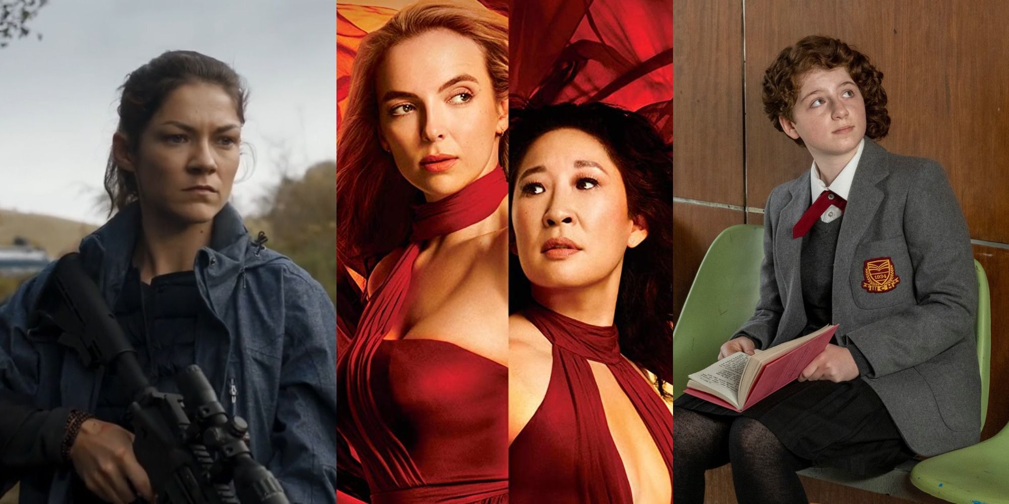 Split image of Nadia holding a gun, Eve and Villanelle on the poster, and Irina in uniform in Killing Eve.